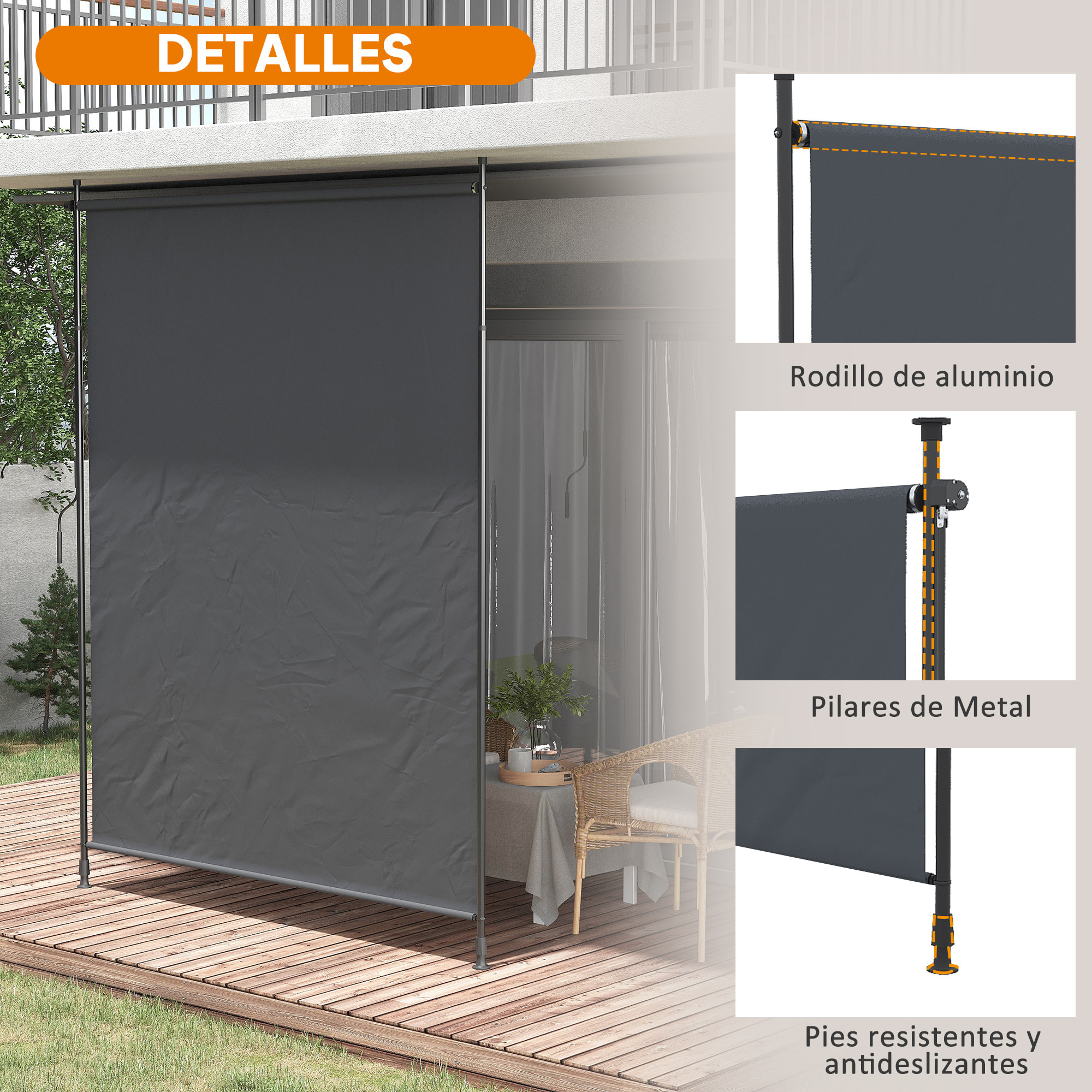Toldo Vertical Exterior 200x305 cm, Pantalla de Privacidad Enrollable, Toldo Lateral Ajustable con Manivela, Protección UV 40+ e Impermeable, Sin Taladro, para Balcón, Jardín, Gris