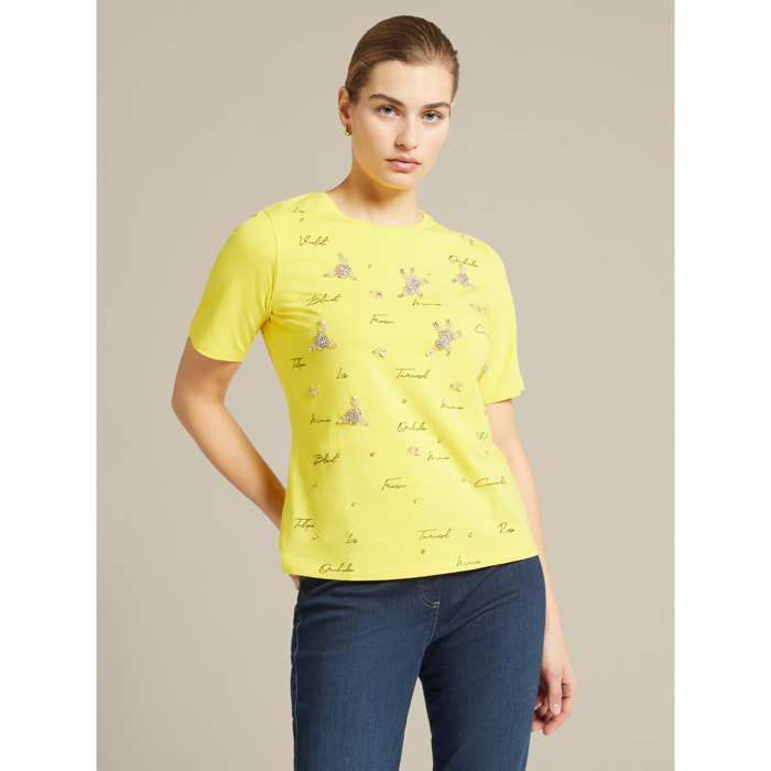 Elena Mirò - T-shirt con stampa e ricamo - Giallo
