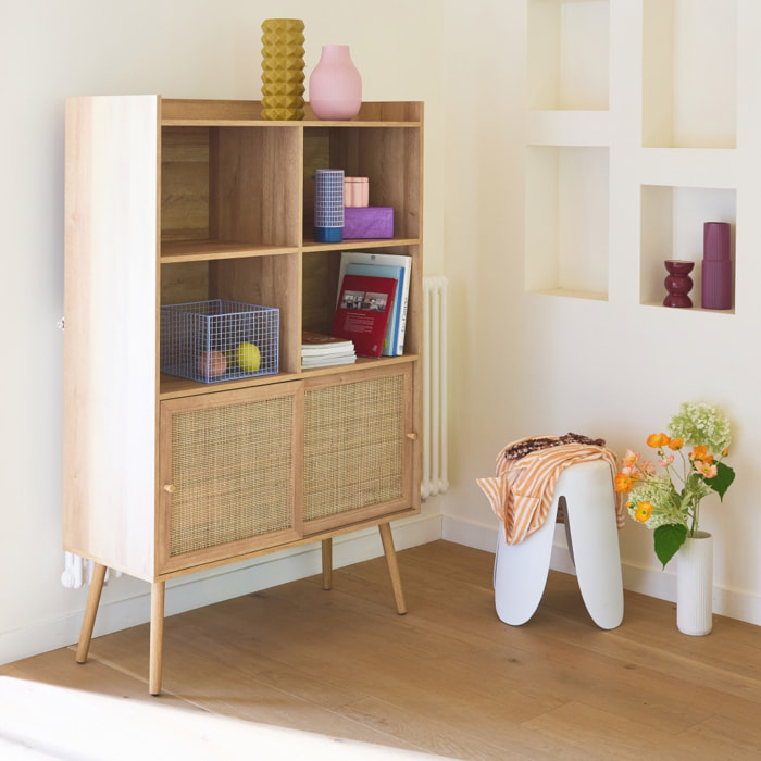 Etagère bibliothèque décor bois et cannage 5 étagères portes coulissantes BOHÈME