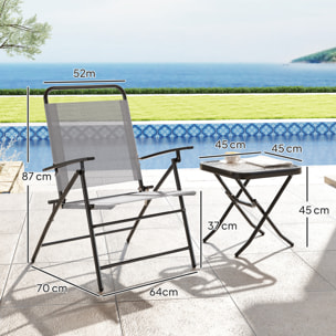 Conjunto de Mesa y Sillas de Terraza Exterior de 3 Piezas Muebles de Jardín Exterior Plegables con Respaldo Regulable Tablero de Vidrio y Estructura de Acero
