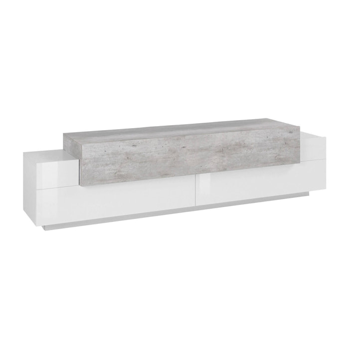 Mobile porta TV Arold, Credenza bassa da soggiorno, Base porta televisione, 100% Made in Italy, cm 200x45h52, Bianco lucido e Cemento