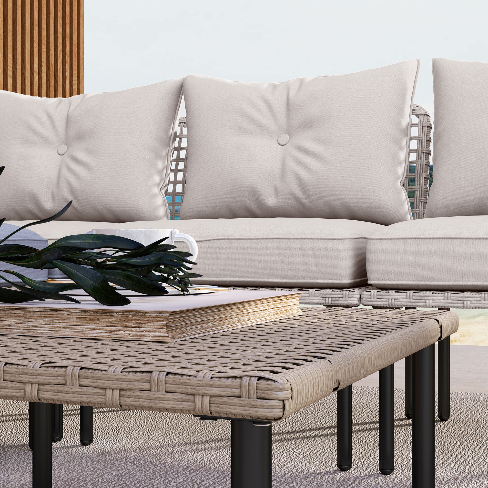 Conjunto de Jardín Exterior de Ratán Sintético de 5 Piezas Muebles de Jardín Exterior Incluye 2 Sofás Esquineras 1 Sofá de Exterior 1 Taburete 1 Mesa de Centro con Cojines Crema