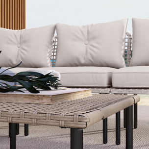 Conjunto de Jardín Exterior de Ratán Sintético de 5 Piezas Muebles de Jardín Exterior Incluye 2 Sofás Esquineras 1 Sofá de Exterior 1 Taburete 1 Mesa de Centro con Cojines Crema