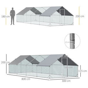 Gallinero de Exterior Grande 3x8x2 m Jaula para 16-24 Gallinas Cercado de Acero Galvanizado con Techo de PE y Cerradura para Conejos Aves de Corral Plata