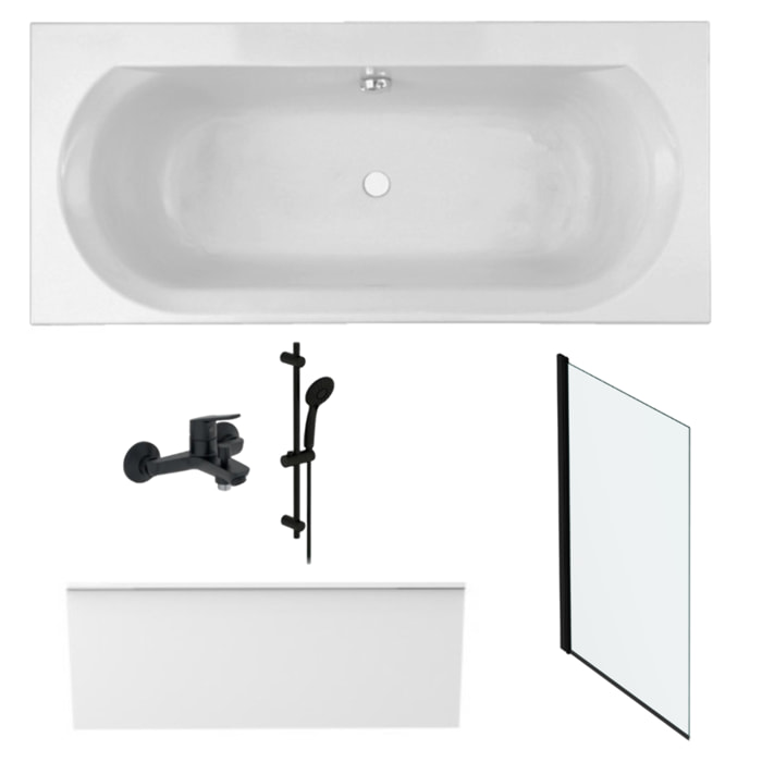 Pack baignoire droite 170 x 75 Elise + tablier niche + pommeau et mitigeur bain noir Aimé + pare bain noir + vidage