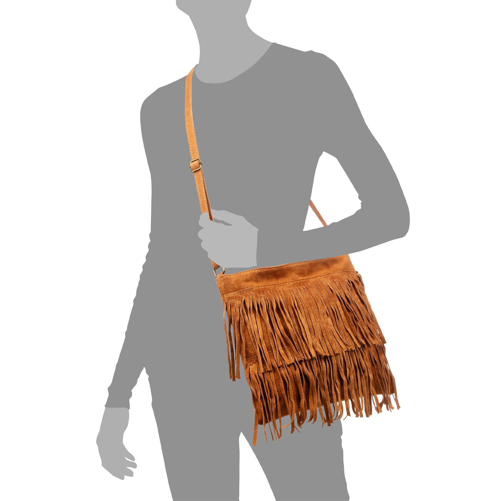 Avise bolso bandolera con flecos mujer. Piel auténtica Gamuza.