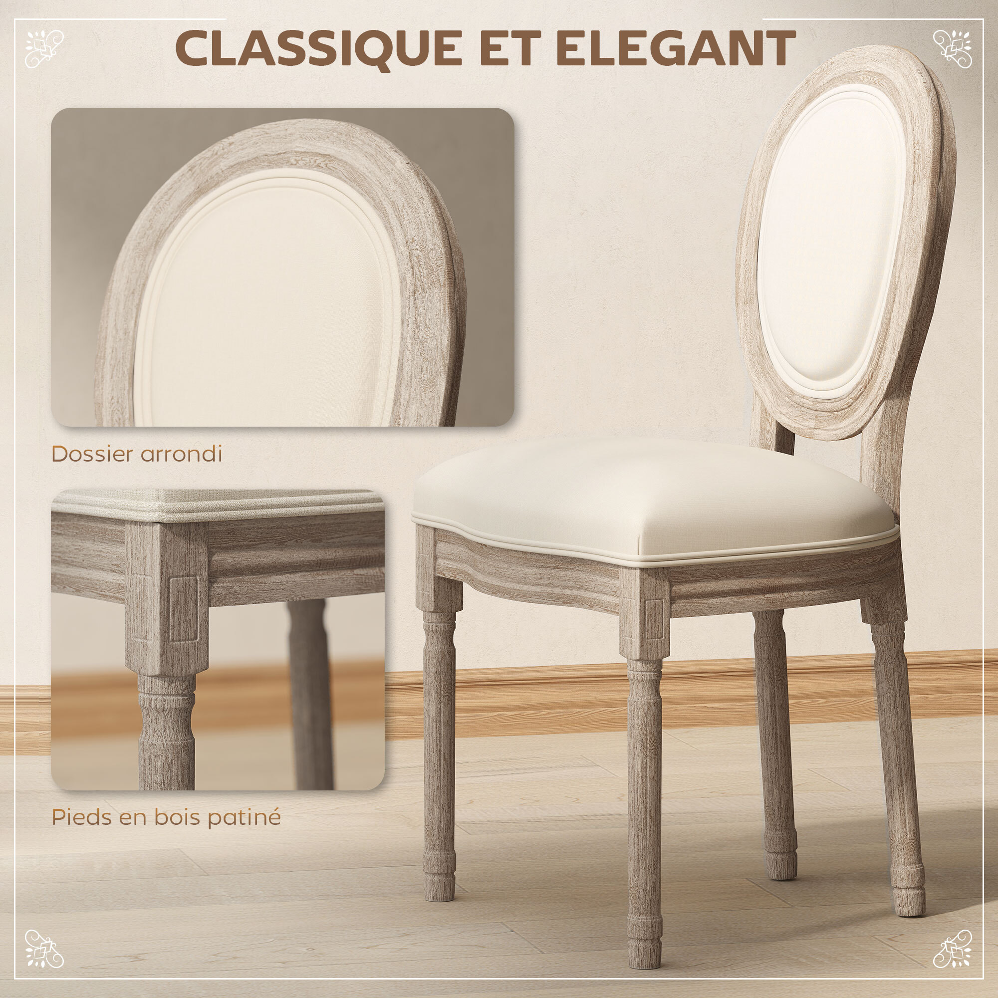 Lot de 2 chaises de salle à manger - chaise de salon médaillon style Louis XVI - bois massif sculpté, patiné - aspect lin beige