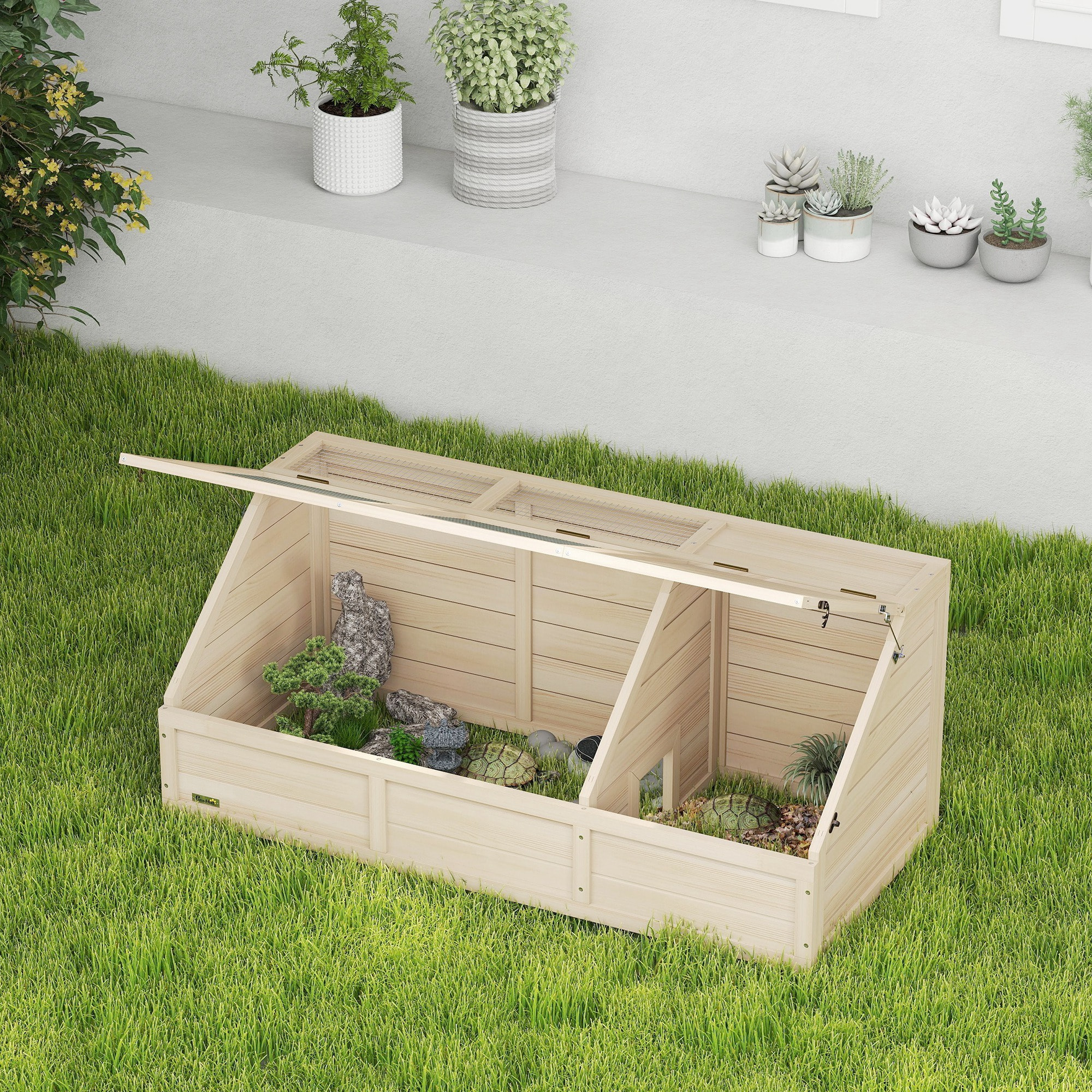 Maison enclos pour tortues - espace niche et enclos - porte haute verrouillable - bois naturel