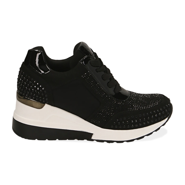 Sneakers negras en lycra con strass, cuña 6 cm