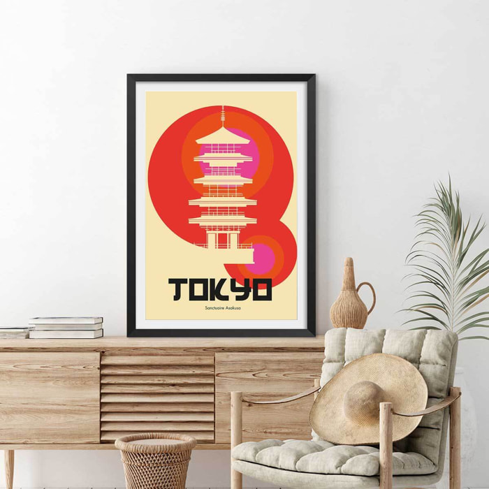 Affiche tokyo temple asakusa Affiche + cadre en bois - Noir