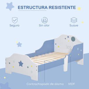 Cama para Niños de +3 Años 143x74x59 cm Cama Infantil de Madera con Estampado con Estrellas Carga 50 kg para Dormitorio Azul y Blanco