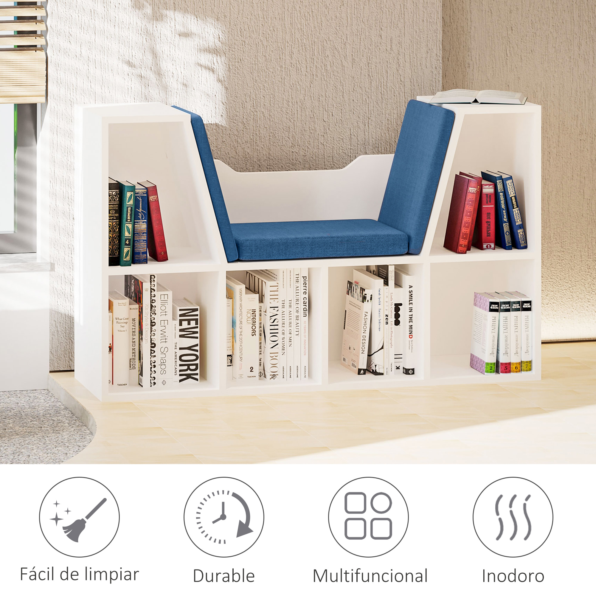 Librería con Asiento Estantería de Libros con 6 Cubos Zapatero con Banco con Cojín Multiusos para Sala de Estar Oficina Dormitorio 102x30x61cm Blanco y Azul