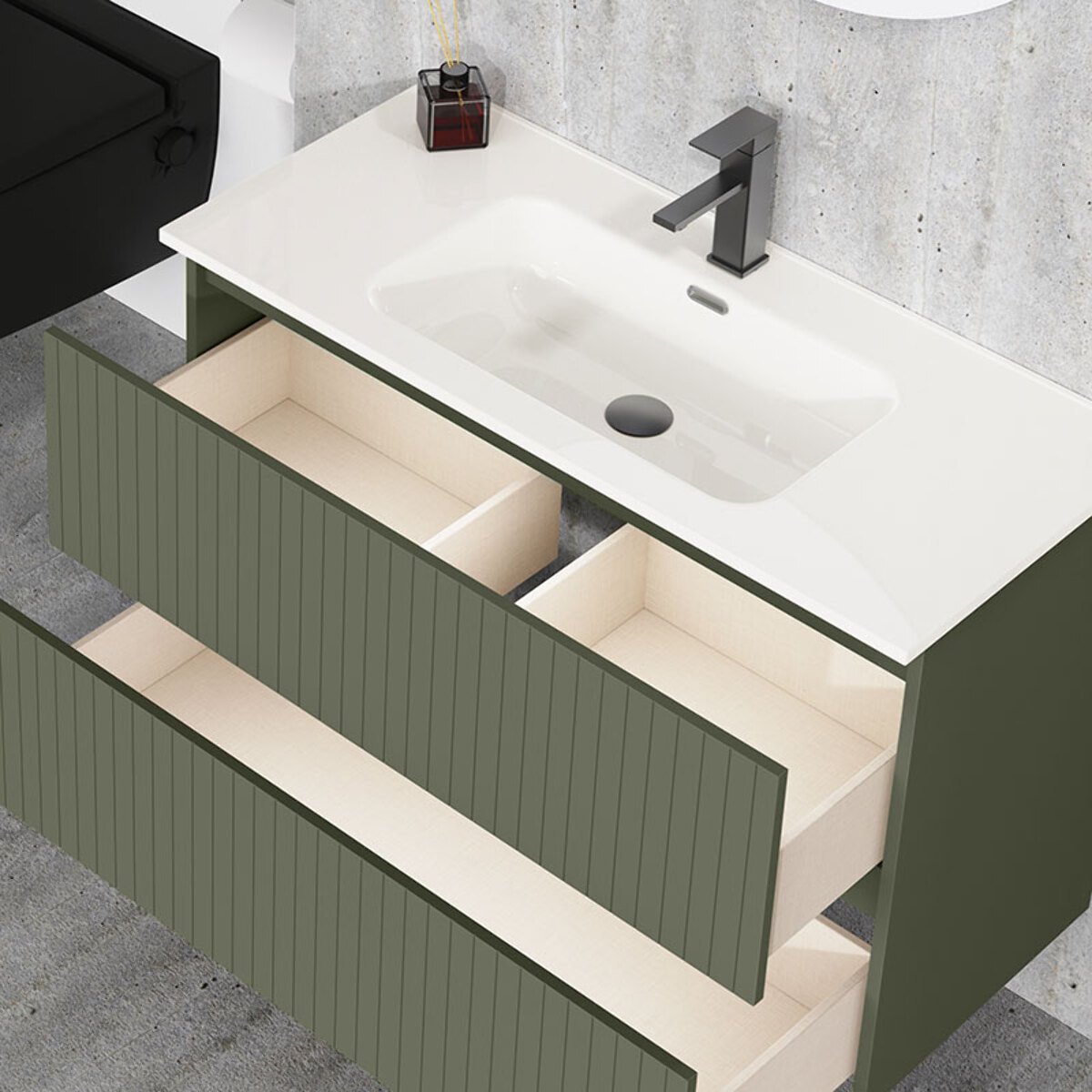 Conjunto de Baño Miya | Mueble de Baño Suspendido | 100 cm Verde Musgo| Dos Cajones | Lavabo Encastrado | No incluye Espejo | Alday