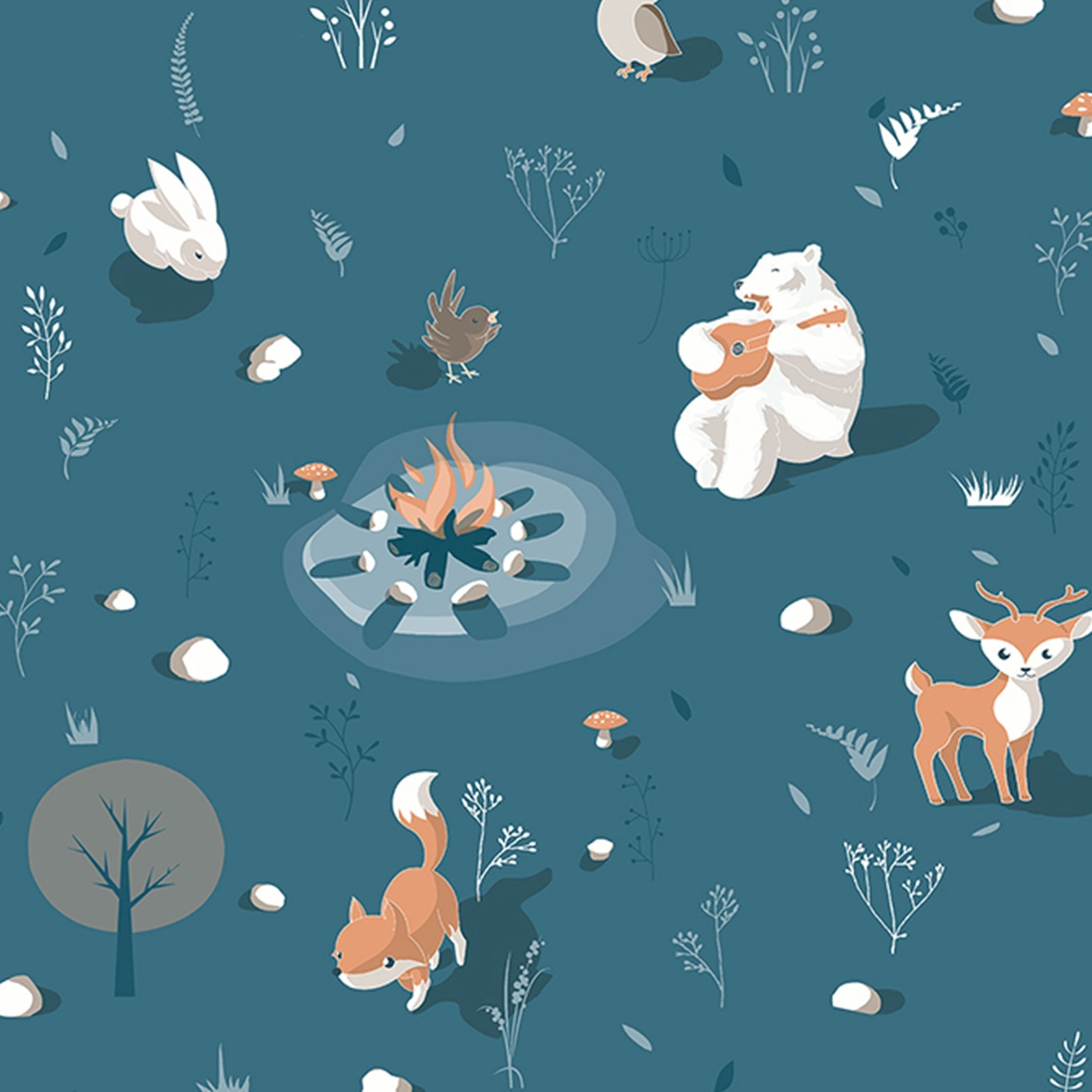 Papier peint enfant animaux forêt fond bleu canard