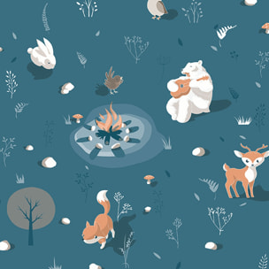 Papier peint enfant animaux forêt fond bleu canard