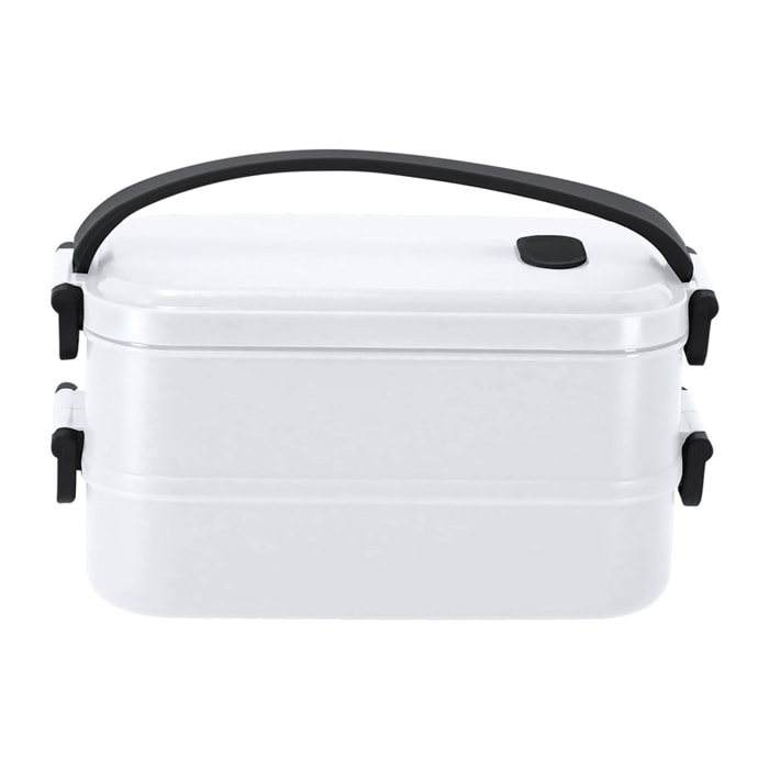 Lunch box da 1,6L di capacità. Realizzata in PP riciclato. Include 2 scomparti indipendenti con vassoi a chiusura ermetica, da 800 ml ciascuno.