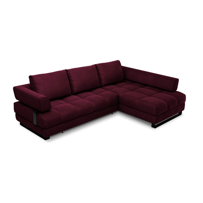 Canapé d'angle droit convertible avec coffre de rangement "Clinton" 5 places en velours rouge foncé