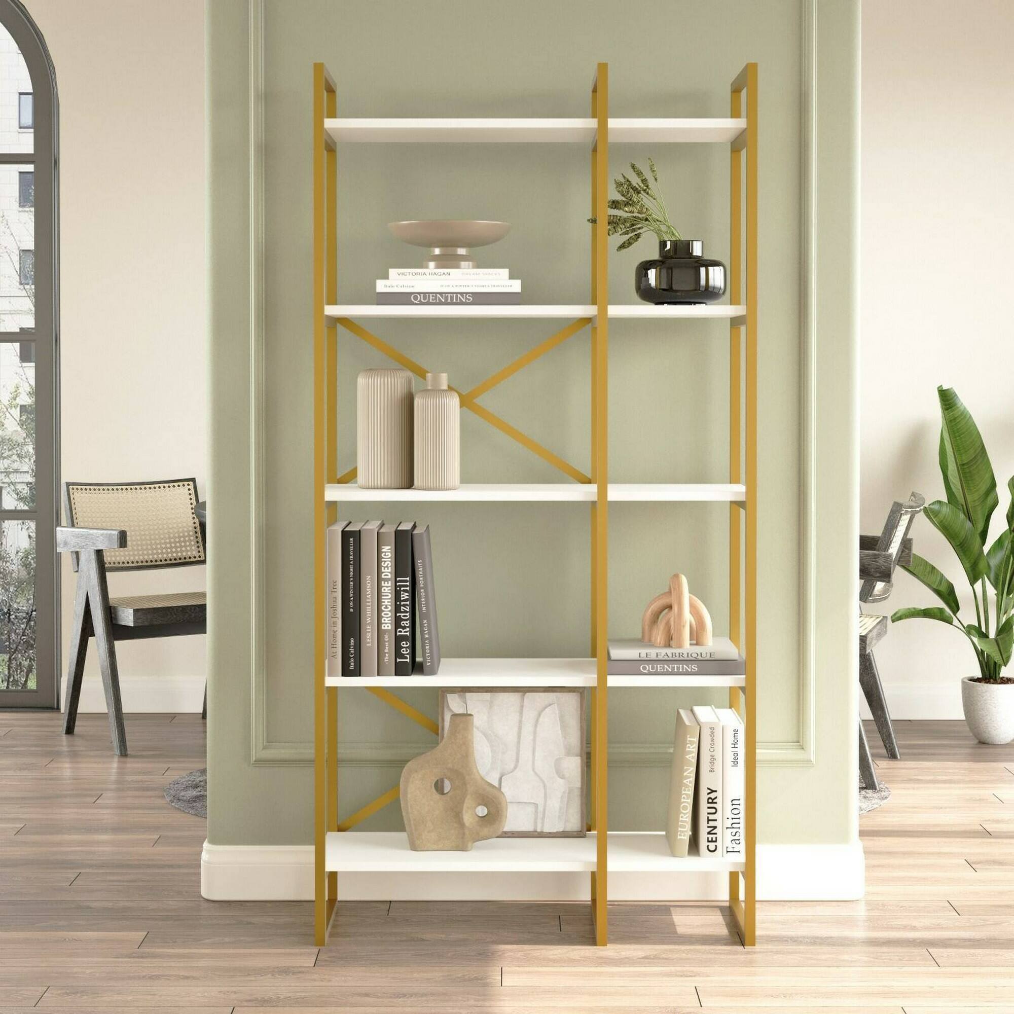 Libreria Dfiorind, Scaffale da ufficio, Mobile portalibri, Biblioteca, 88x30h175 cm, Bianco e Oro