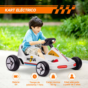 Kart Eléctrico para Niños de +3 Años Kart Eléctrico 6 V con Música Luz Bocina Cinturón de Seguridad Go Kart Carga 50 kg Blanco