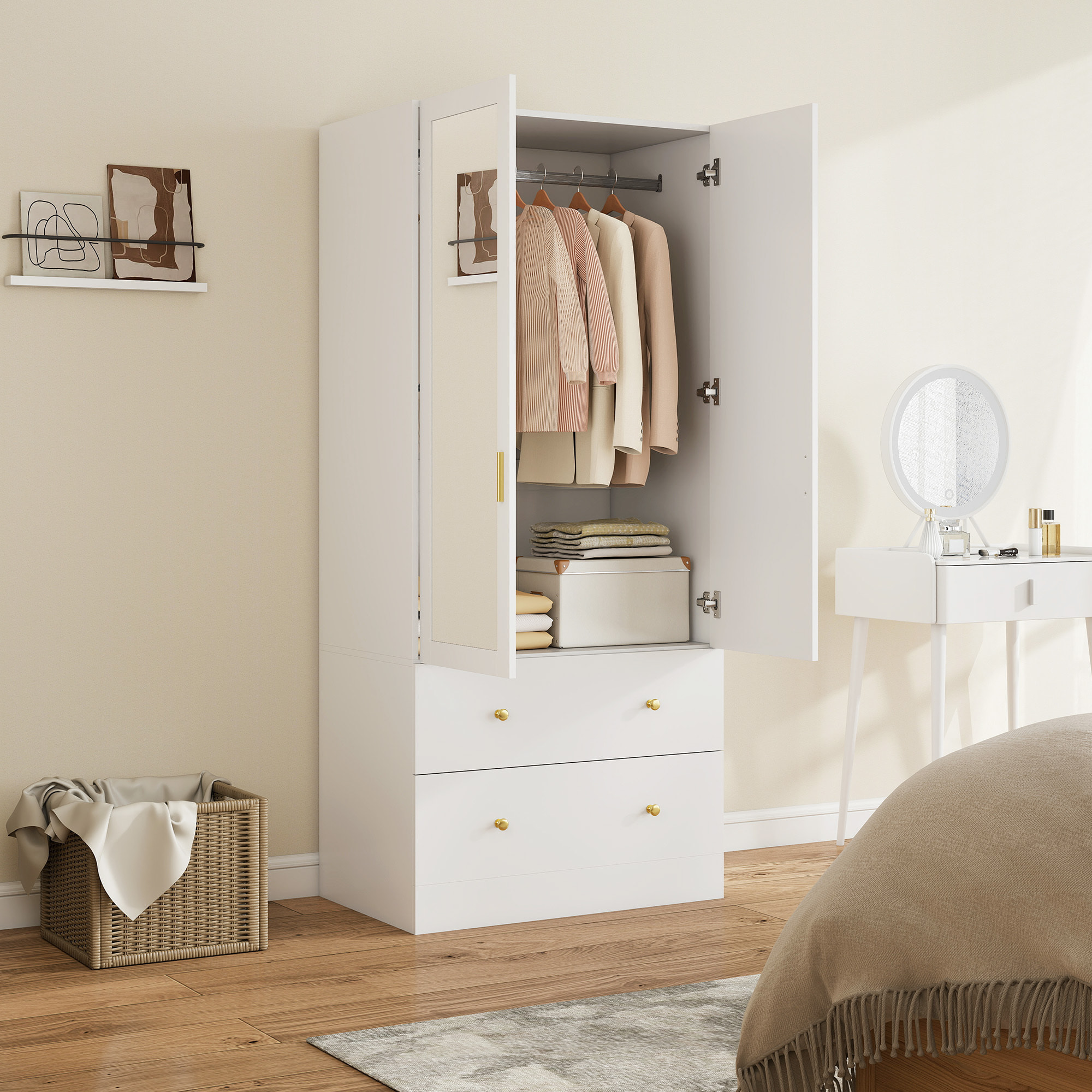 Armario Dormitorio 2 Puertas y 2 Cajones, Armario Ropero con Espejo, Barra para Colgar, Estilo Moderno, 80x50x180 cm, Blanco