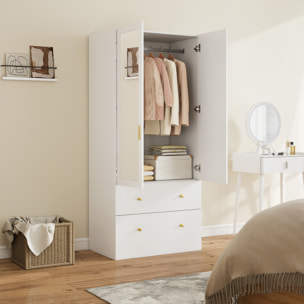 Armario Dormitorio 2 Puertas y 2 Cajones, Armario Ropero con Espejo, Barra para Colgar, Estilo Moderno, 80x50x180 cm, Blanco