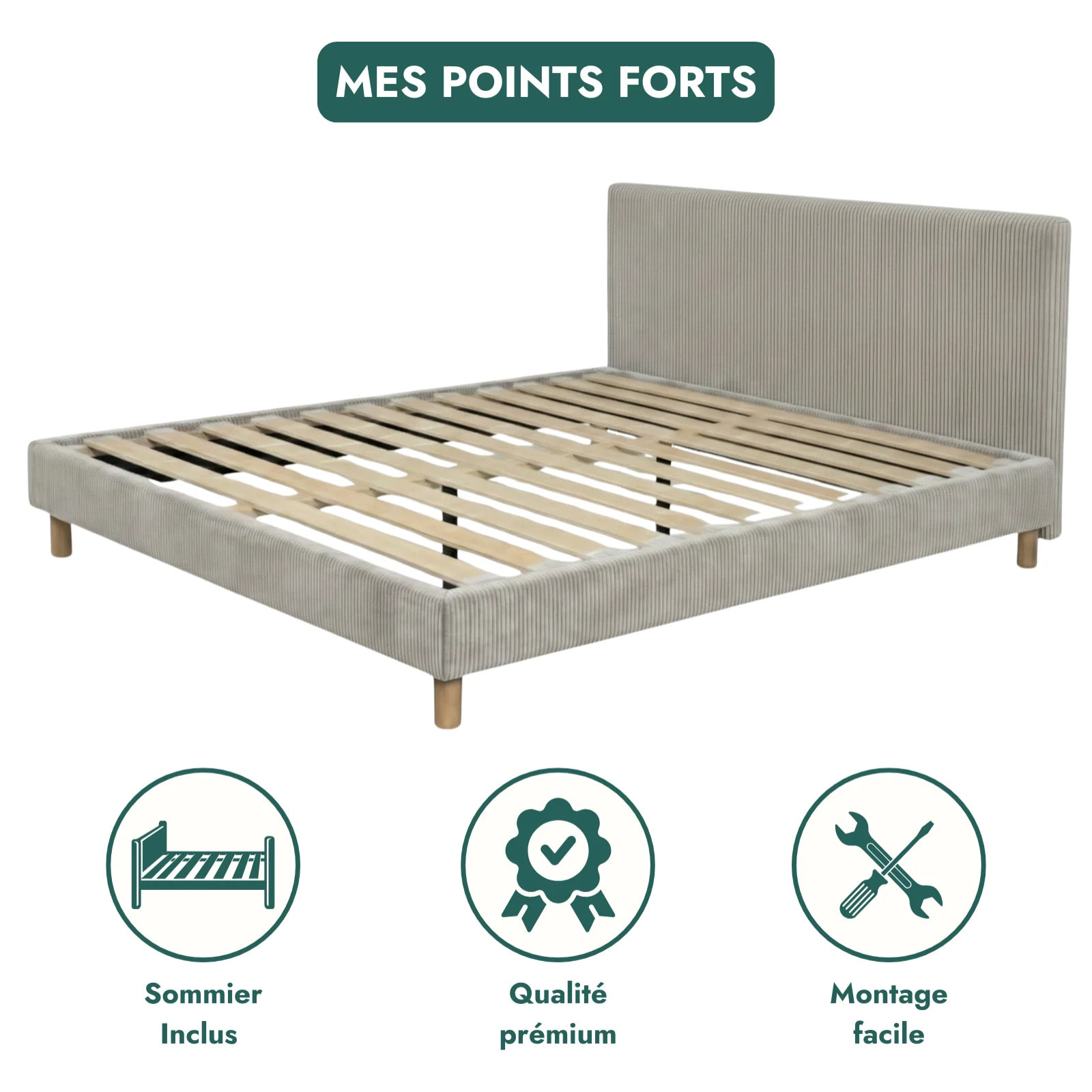 Ensemble matelas Bali & lit fixe Colisée | Mémoire de forme et ressorts ensachés | cadre à lattes | Bouclette | Olive