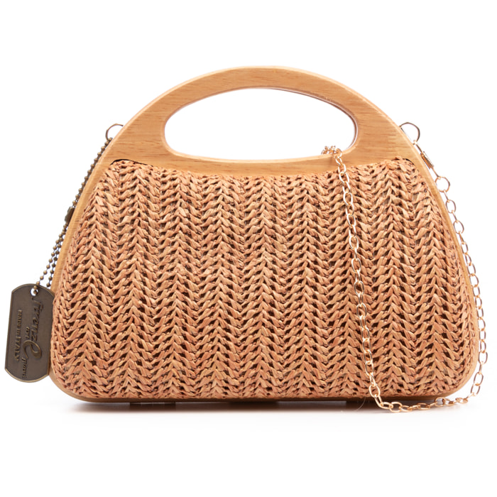 FIRENZE ARTEGIANI Bella Borsa a tracolla Donna. Realizzata in legno naturale e carta con disegno intrecciato. Prodotto in Cina Colore: Marrone