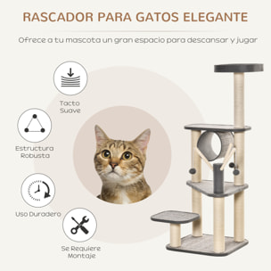 Árbol para Gatos Grande Torre Escalador con Múltiples Plataformas Cama Superior Túnel Postes Rascadores de Sisal Natural y Juguetes 49x49x130 cm Beige y Gris