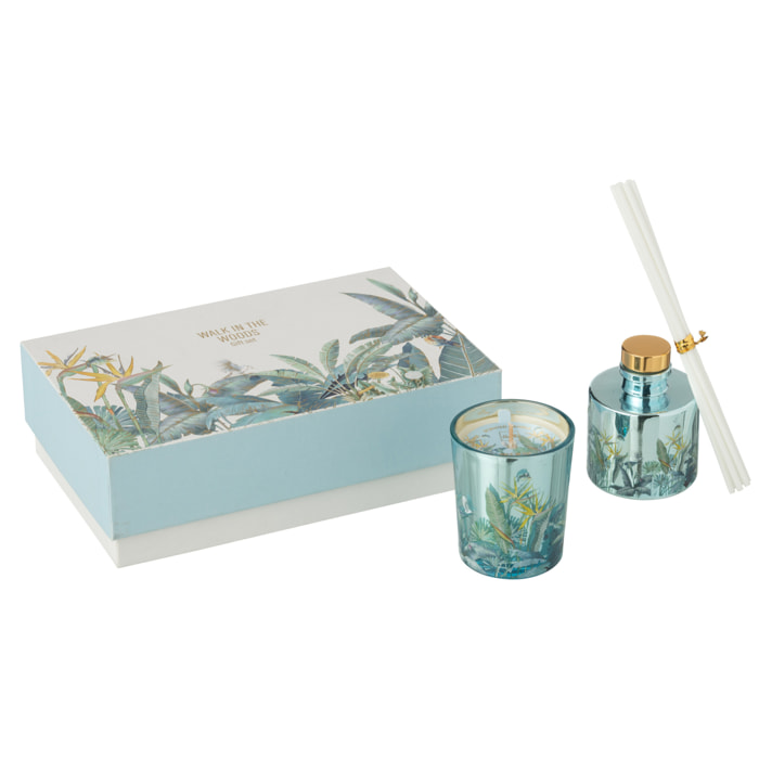 J-Line bougie parfumée + bâtonnets parfumés Walk In The Woods -  Woody Blush - bleu - set cadeau