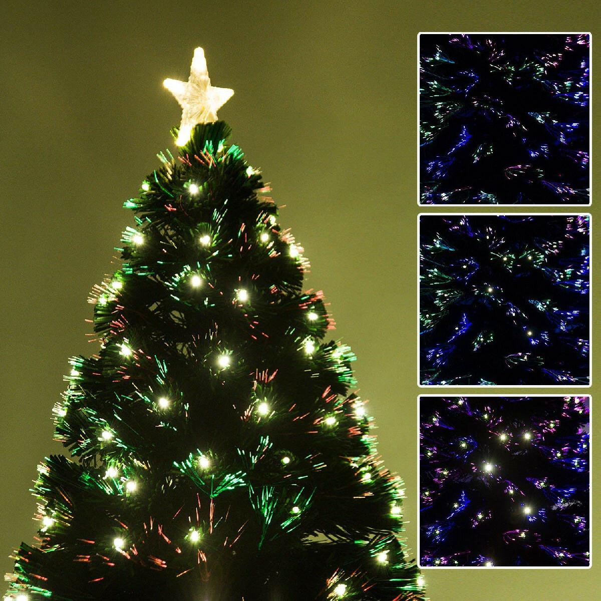 Sapin de Noël artificiel lumineux fibre optique LED multimode multicolore + support pied Ø 82 x 180H cm 230 branches étoile sommet brillante vert