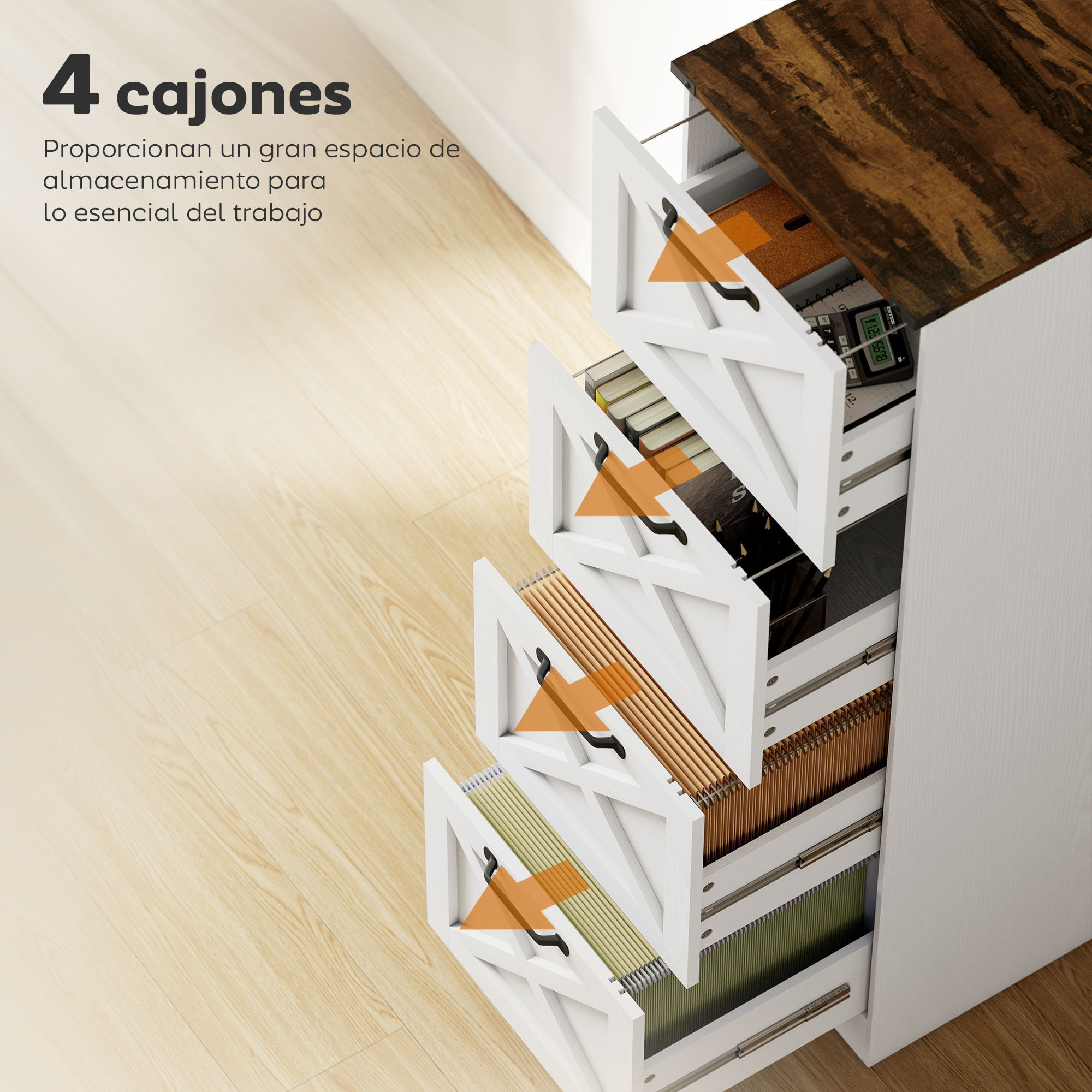 Cajonera Escritorio con 4 Cajones, Cajonera de Oficina, Mueble Archivador, Soporte para Impresora, con Riel Colgante para A4 y Carta, 40x40x131 cm, Blanco