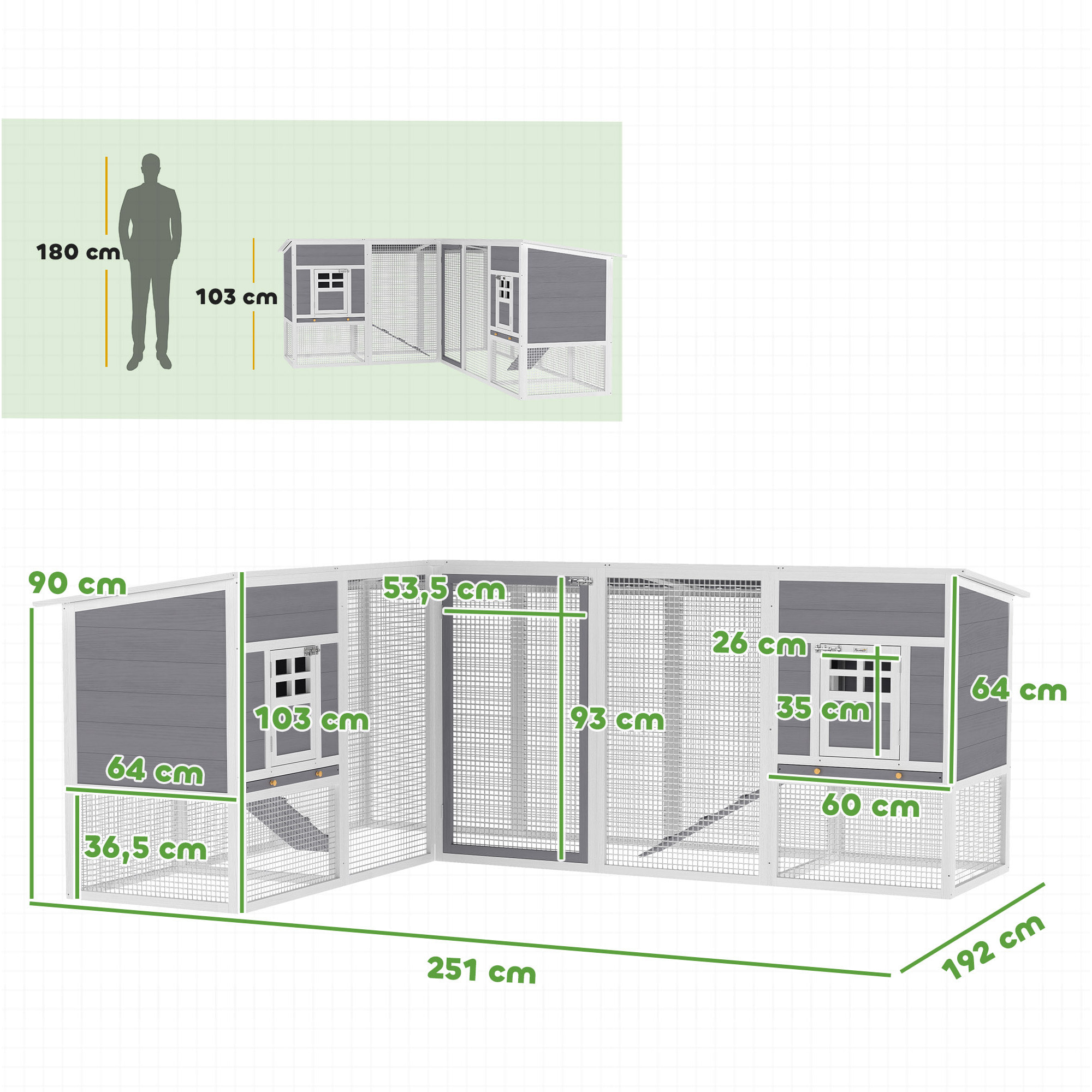 Gallinero de Madera Grande Exterior, Jaula para Gallinas en L para Esquina, con 2 Nidos, Corral, Bandejas Extraíbles, Techo de PET y Rampas, Casa Elevada para Conejos, 251x192x103 cm, Gris
