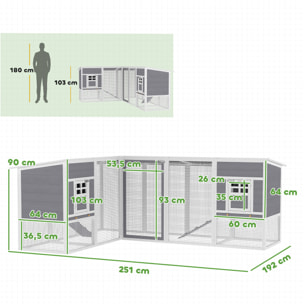 Gallinero de Madera Grande Exterior, Jaula para Gallinas en L para Esquina, con 2 Nidos, Corral, Bandejas Extraíbles, Techo de PET y Rampas, Casa Elevada para Conejos, 251x192x103 cm, Gris