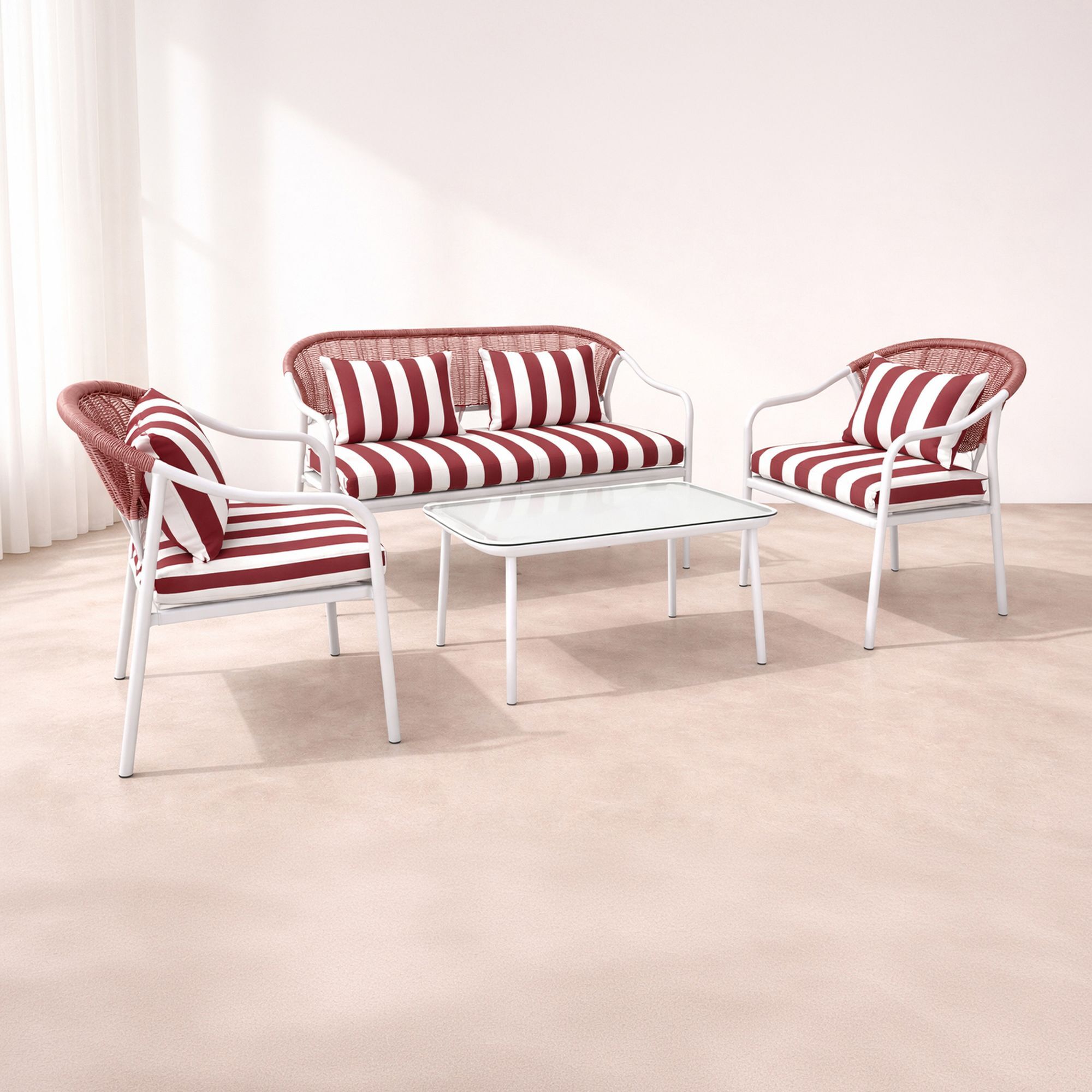 Salon de jardin 4 places en métal et coussin en tissu rouge POSITANO