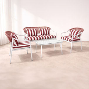 Salon de jardin 4 places en métal et coussin en tissu rouge POSITANO
