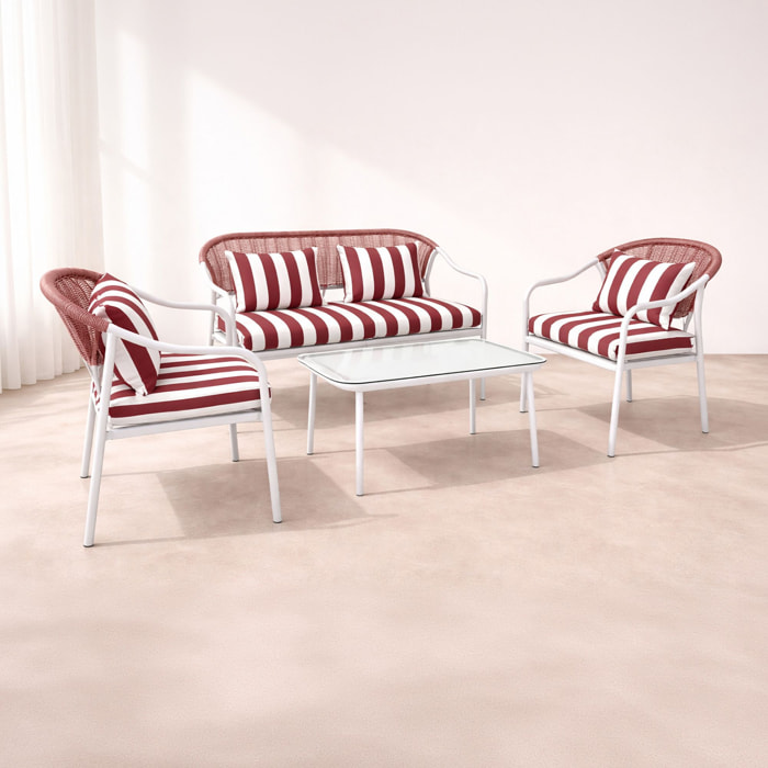 Salon de jardin 4 places en métal et coussin en tissu rouge POSITANO