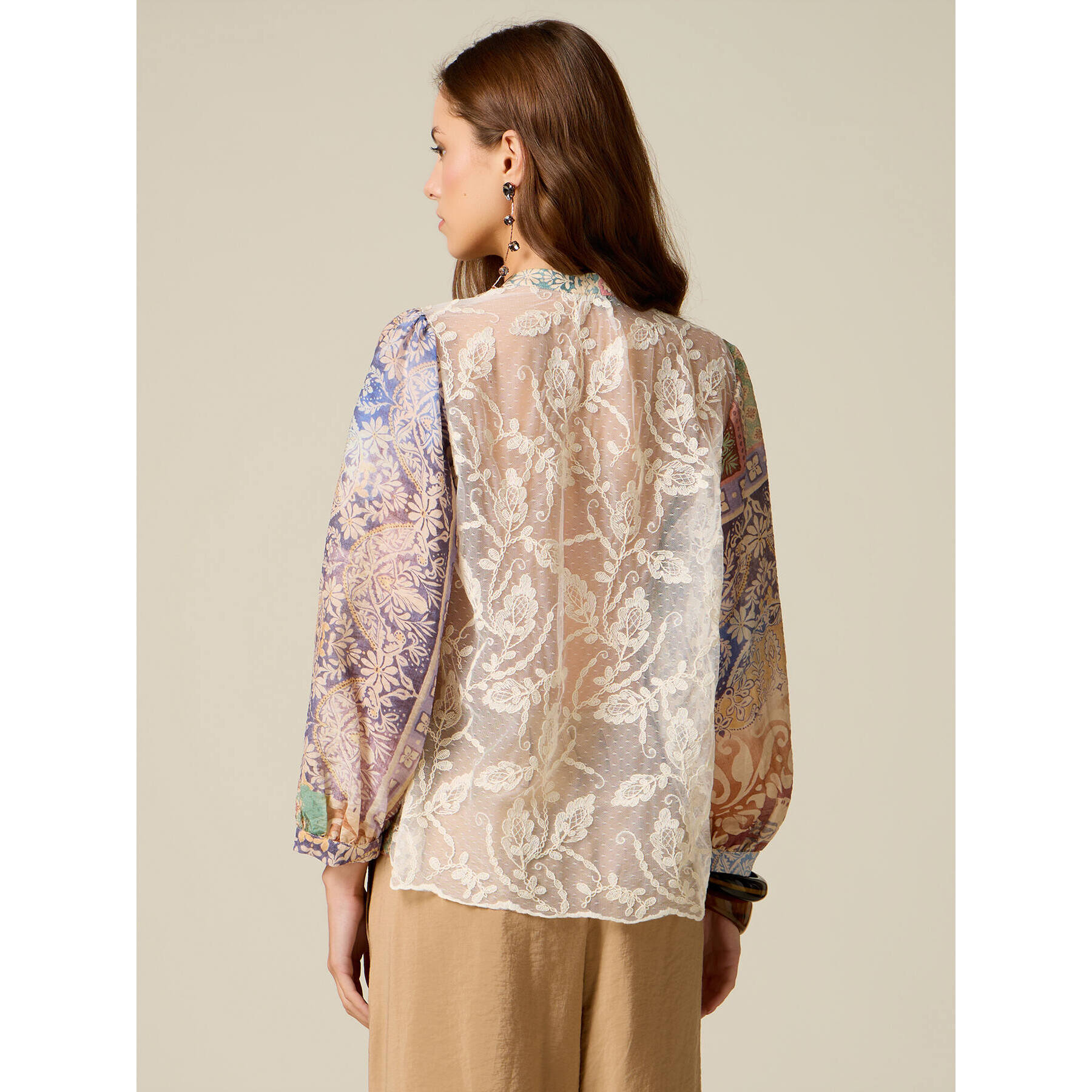 Oltre - Camisa estampada con espalda de encaje - Beige