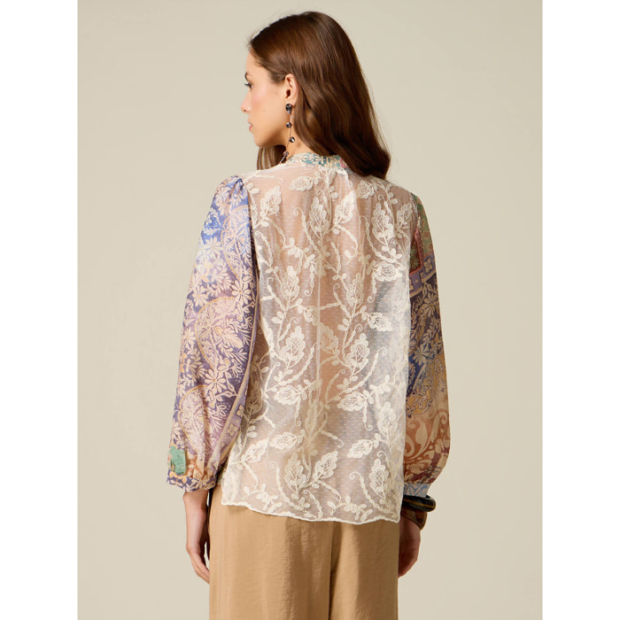Oltre - Camisa estampada con espalda de encaje - Beige
