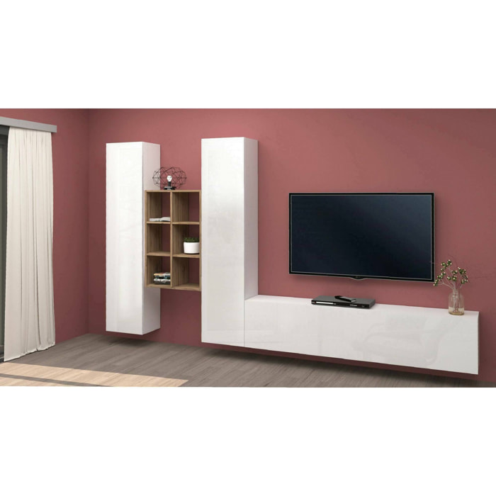 Parete attrezzata Acuto, Set salotto porta TV a 3 ante, Mobile soggiorno multiuso, 100% Made in Italy, cm 320x30h180, Bianco lucido e Acero