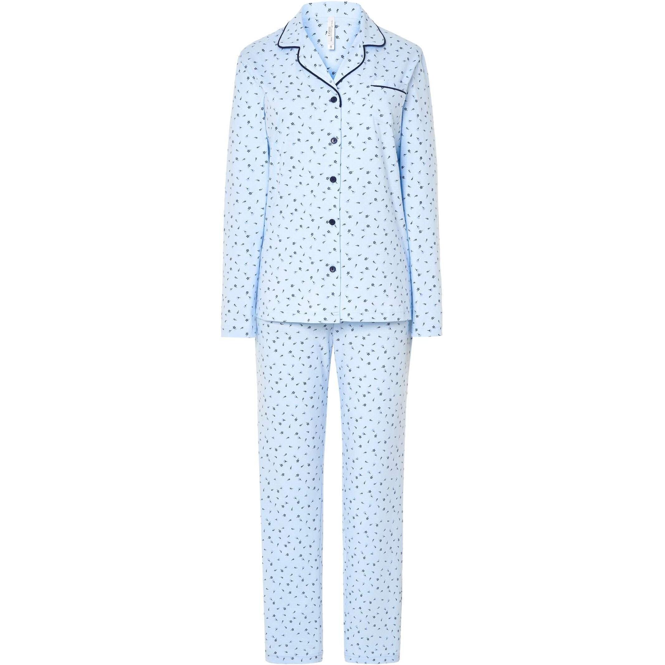 Pijama mujer estampado florecitas, abierto con botones, cuello de solapa con vivo, manga larga y pantalón largo