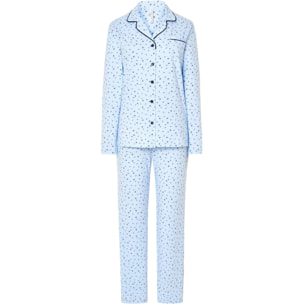 Pijama mujer estampado florecitas, abierto con botones, cuello de solapa con vivo, manga larga y pantalón largo