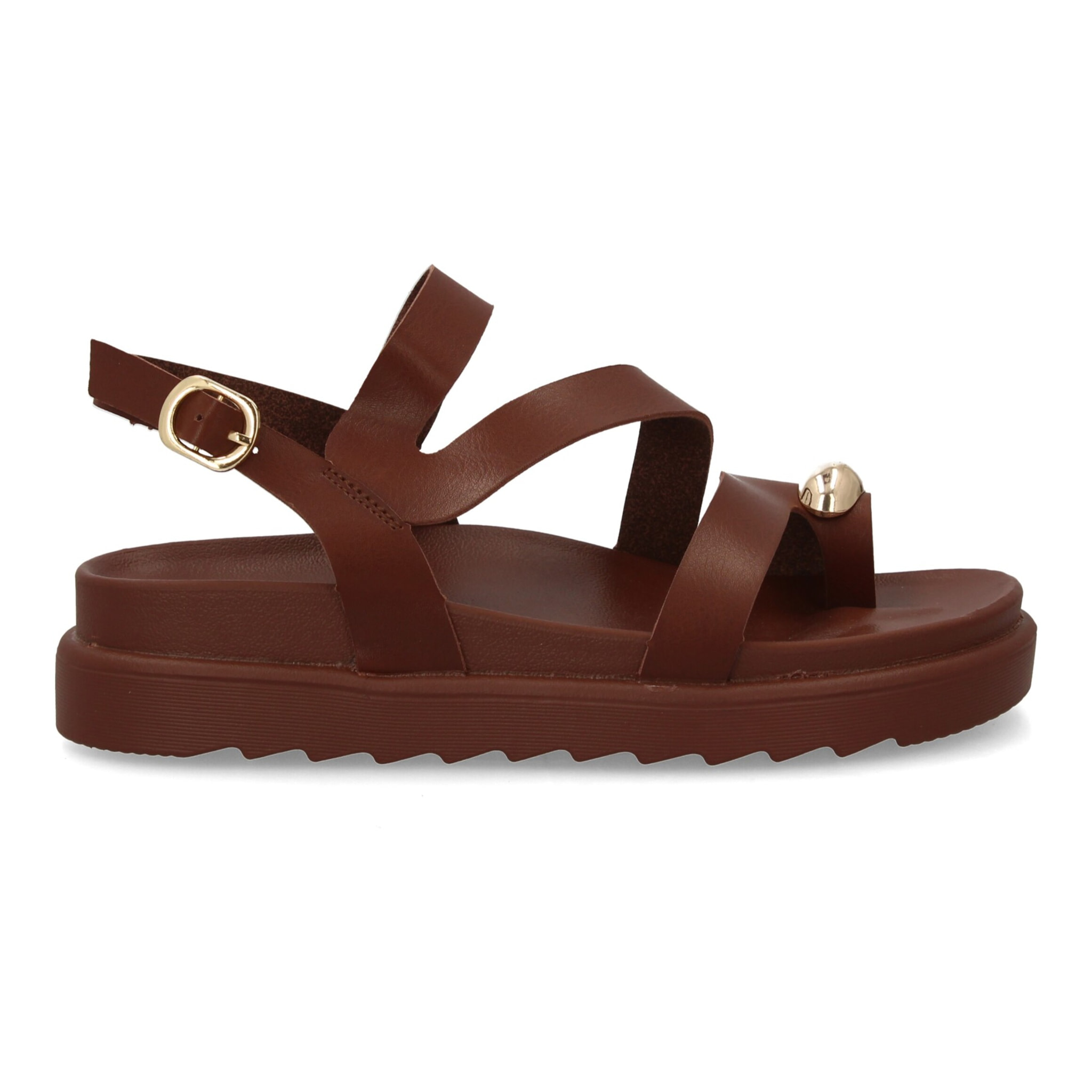 Sandalias cómodas de tiras mujer con adorno metálico.