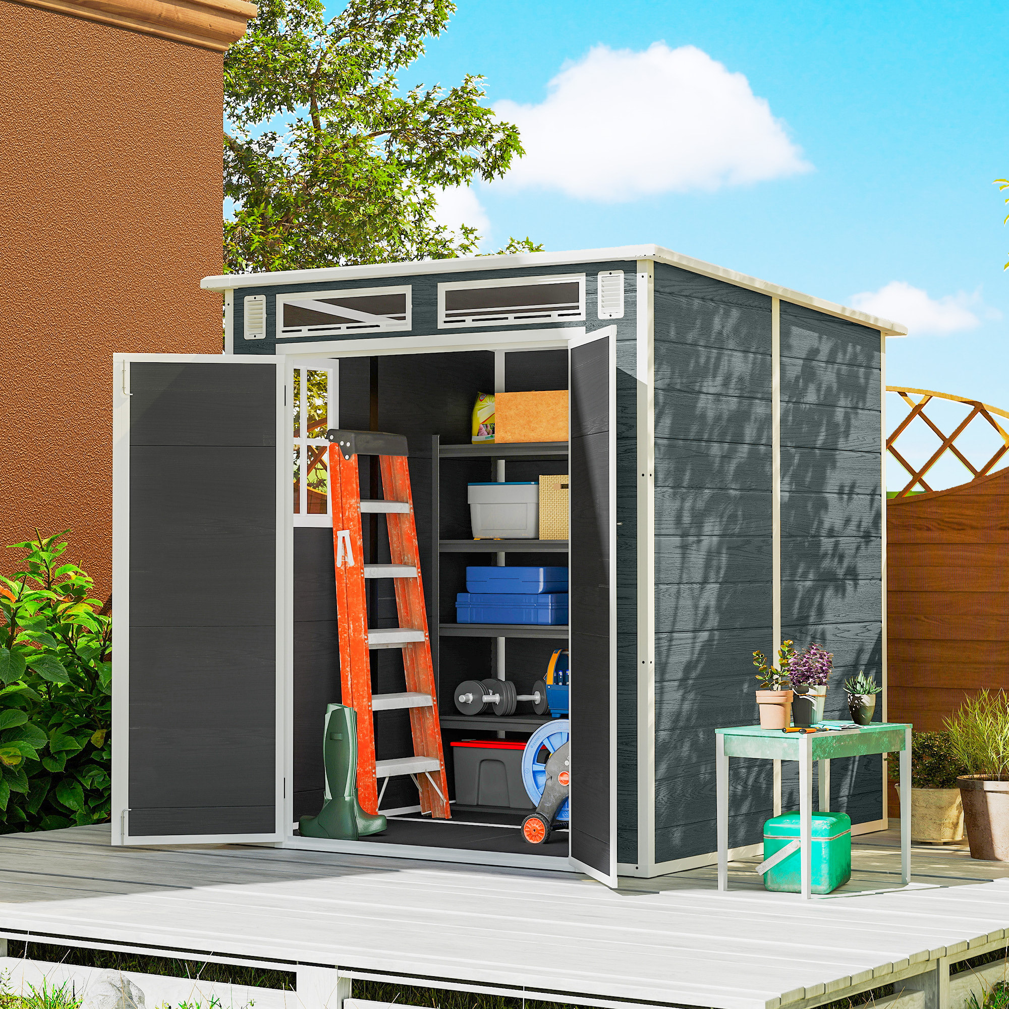 Abri de jardin 2,89 m² portes verrouillable plancher fenêtres aérations résine PP effet bois gris blanc