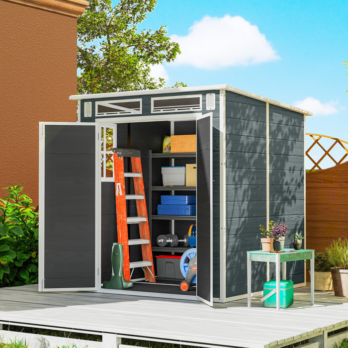 Abri de jardin 2,89 m² portes verrouillable plancher fenêtres aérations résine PP effet bois gris blanc