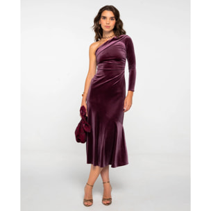 Vestido midi con escote asimétrico, frunce lateral y volante en el bajo