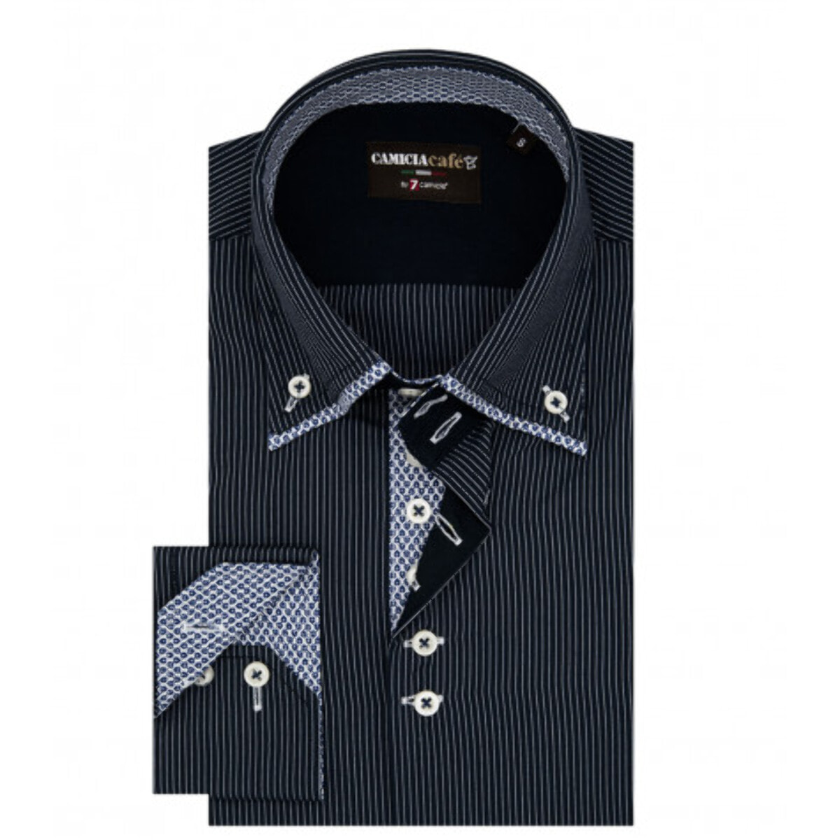 Camicia Uomo 2 Bottoni Button Down Doppio Collo 7 Bottoni Slim Cotone Poliestere Riga Media Blu\Bianco