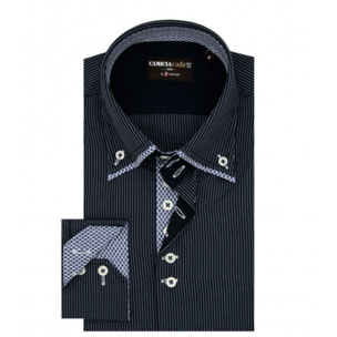 Camicia Uomo 2 Bottoni Button Down Doppio Collo 7 Bottoni Slim Cotone Poliestere Riga Media Blu\Bianco