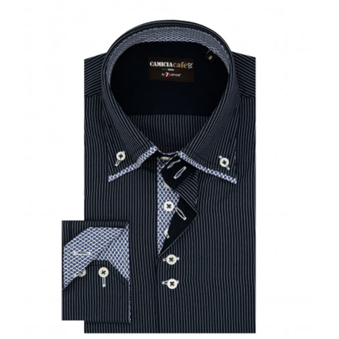 Camicia Uomo 2 Bottoni Button Down Doppio Collo 7 Bottoni Slim Cotone Poliestere Riga Media Blu\Bianco