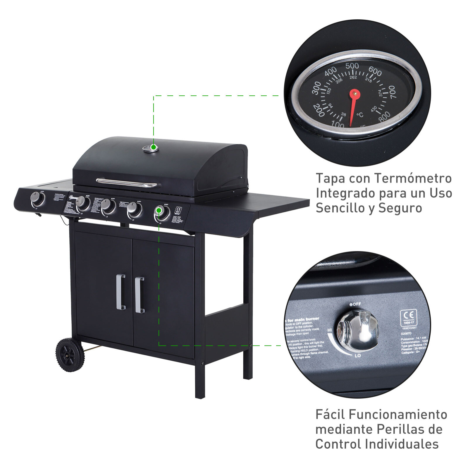 Barbacoa de Gas con Ruedas 4+1 Quemadores 14,4 KW Mesas Laterales 125x51x100 cm