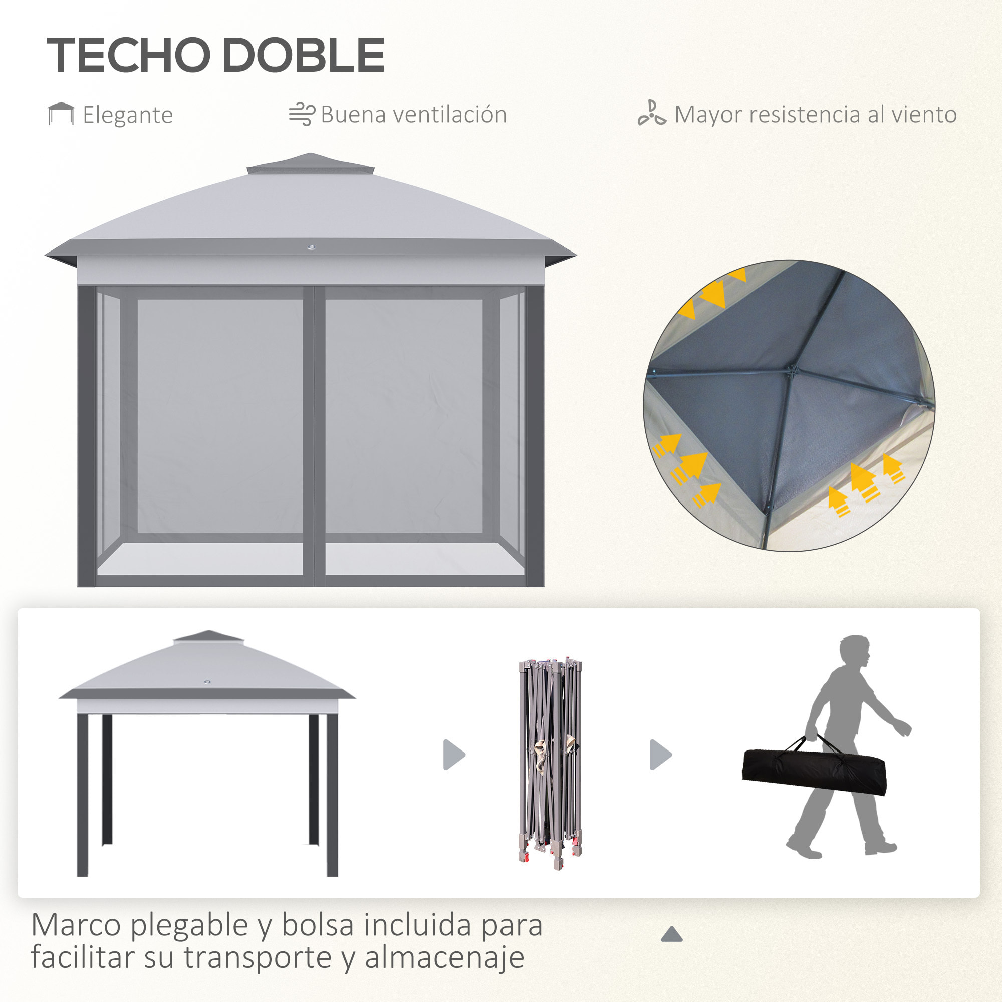 Carpa Plegable 3,3x3,3 m Altura Ajustable en 3 Niveles Cenador de Jardín con Doble Techo 4 Mosquiteras Extraíbles y Bolsa de Transporte para Camping Fiestas Gris